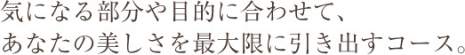 気になる部分や目的に合わせて、あなたの美しさを最大限に引き出すコース。